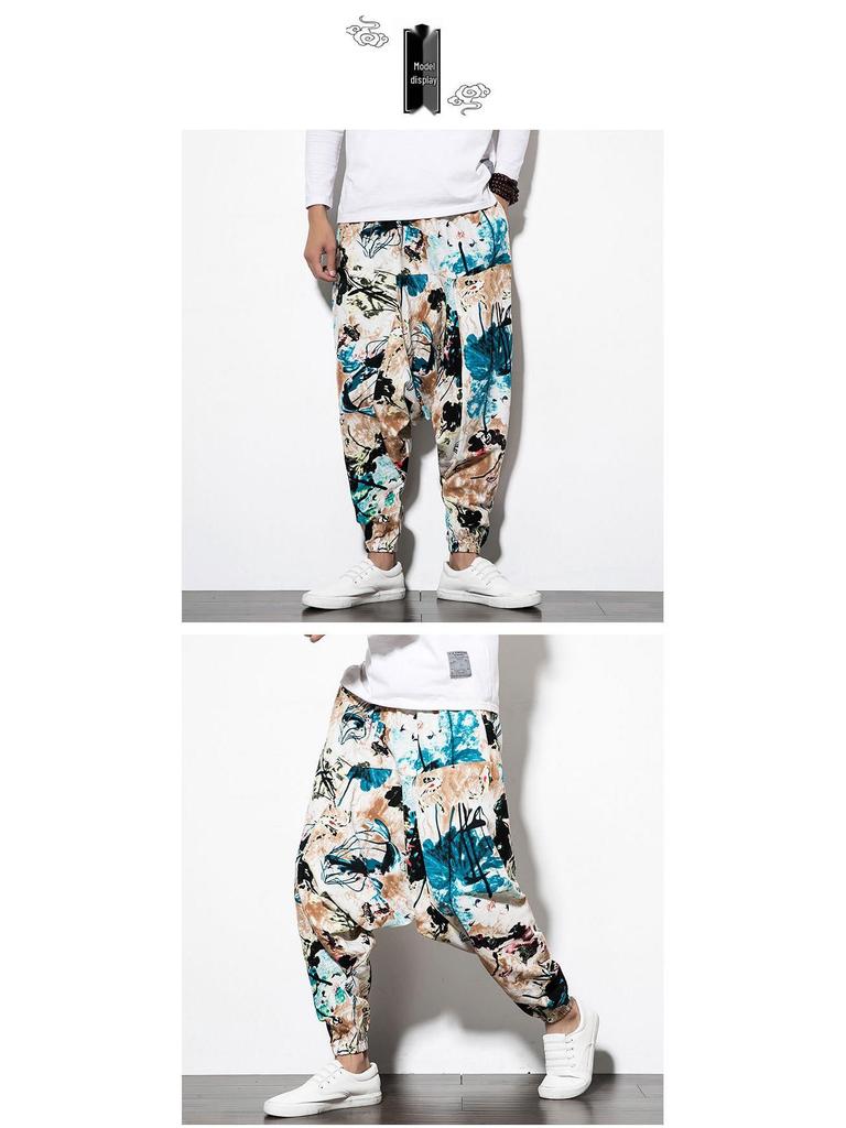 2023 Spring Men's Chinese-Style Cotton Linen Harem Pants - Printed Hip Hop Trousers