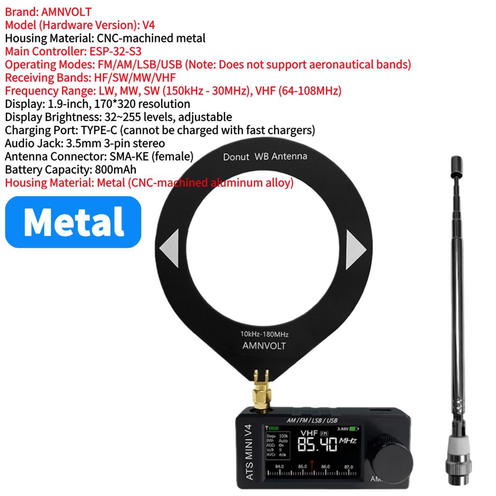 AMNVOLT V4 ATS MINI SI4732 Radio with Headphone Amplifier LSB USB Transistor Pocket Radios 1.9inch IPS Screen for Indoor Outdoor