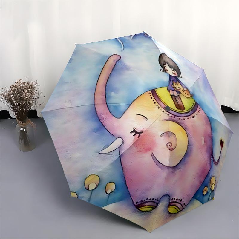 1pc Elephant Journey Automatic Folding Umbrella - Compact 8-Rib Design, Durable Plastic & Iron, Lightweight for Outdoor Daily Use096