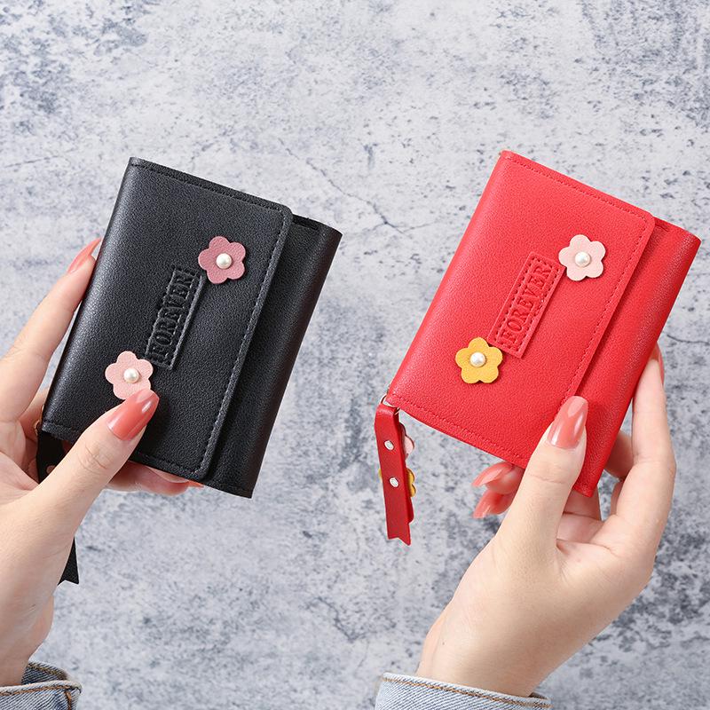 2025 Dámská roztomilá květinová krátká trojskládací peněženka – Jednoduchý japonský a korejský styl, držák na karty a peněženka na mince