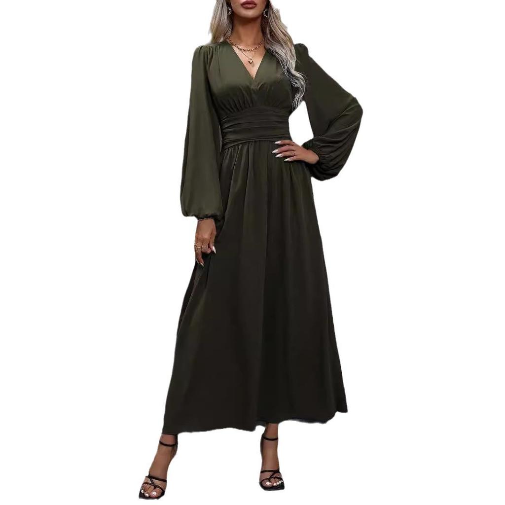 Autumn and winter new women's lantern sleeves with high split ends dress black navy blue burgundy army green leopard print