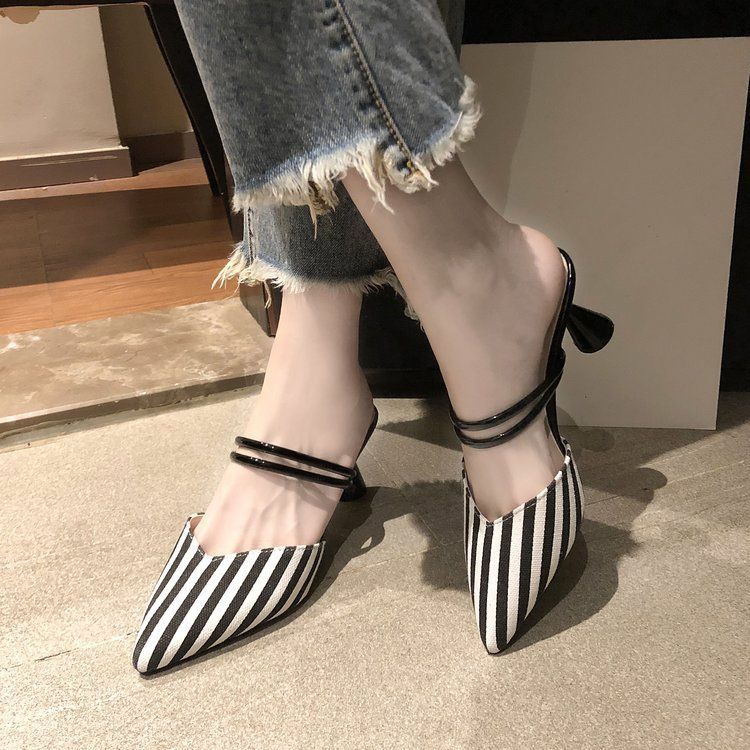 Lazy Pointed Toe Spike Heels Women Sandals Stretch Fabric Air Mesh Mules Solid Color Casual Lady Slides Slip On Outside Shoe