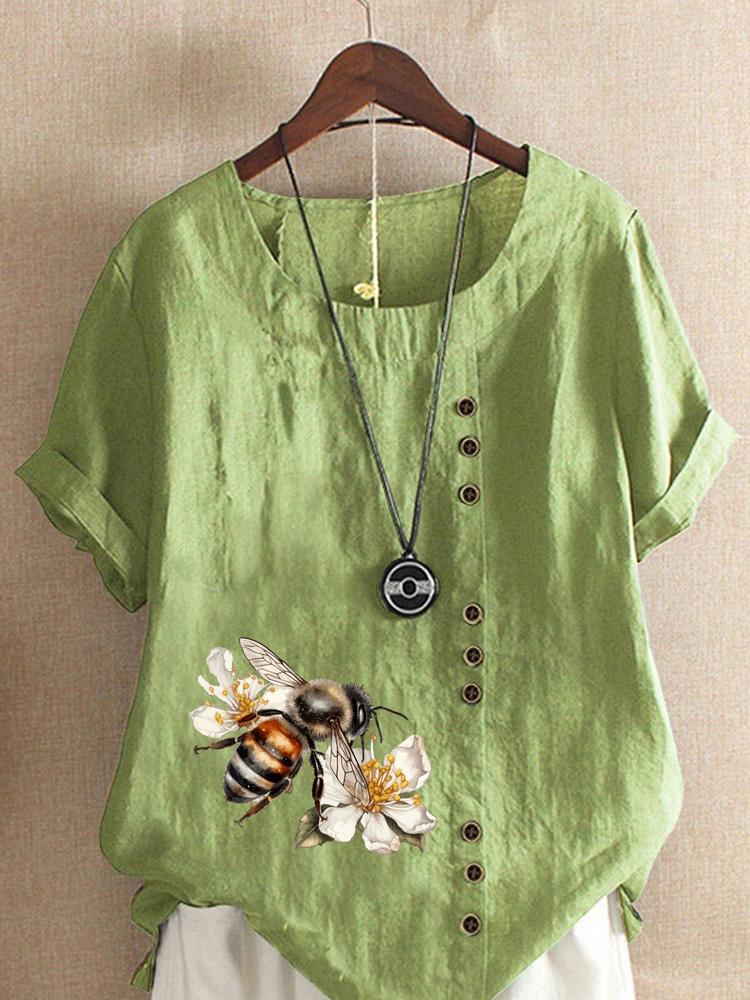 Women's Fashion Bee Flower Print Shot Sleeve T-shirt Loose Cotton Shirt Casual Loose Summer Blouse Tops Plus Size