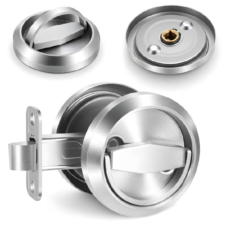 Round Recessed Pocket Door Lock Steel Pull with Double Sided Turn Handle for Interior Sliding Door and Passage Door Installation Projects