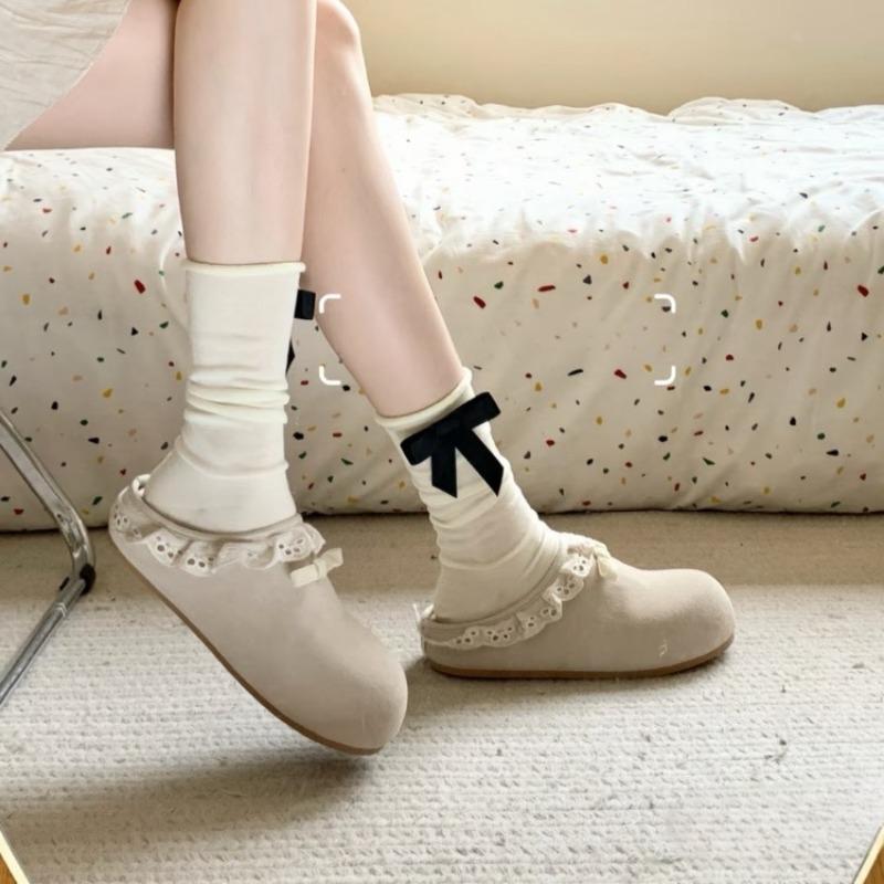 

Fashion Spring New Style Flat Shoes Women s Round Head Deep Mouth Cow Suede Butterfly Knot Soft Sole Anti-slip Wear Slippers 40