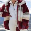 European American Autumn Winter Warm Plush Panel Zip Pocket Hooded Loose Coat Women