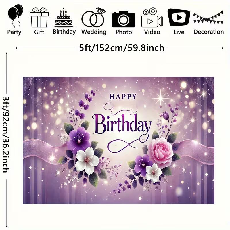 2D Large Purple Birthday Banner Yard Sign Glitter Flower Outdoor Birthday Party Supplies