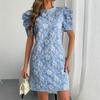 Summer Women Puff Sleeve Texture Jacquard Round Neck Retro Style Dress Mature Style French Retro Patchwork Slim Sexy Elegant Women Maxi Dress