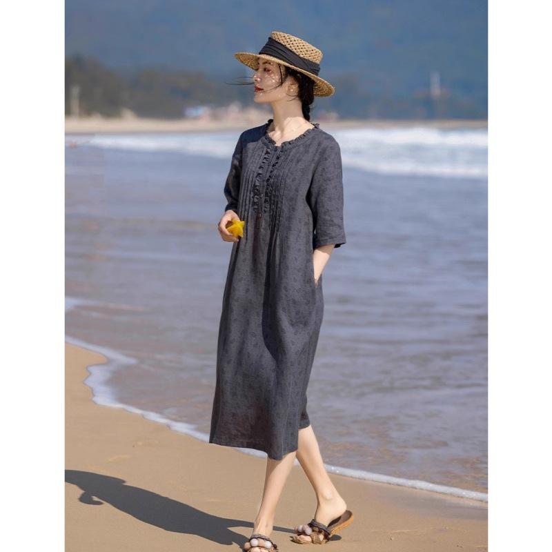 2025 summer new fungus edge floral cotton and linen dress women's retro loose short-sleeved printed medium and long dress