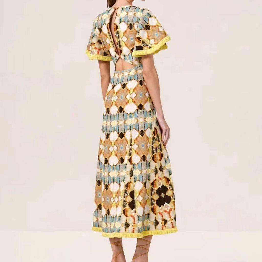 Women's 2023 Autumn V-Neck Tassel Splice Backless Long Dress with Lace-Up Waist