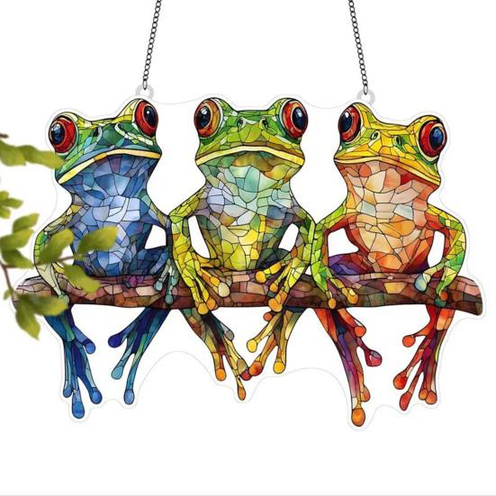 Colorful Frog Acrylic Suncatcher Umbrella Frog/Three Frogs On Branch Stained Glass Window Hanging Ornament for Indoor Outdoor Garden Housewarming
