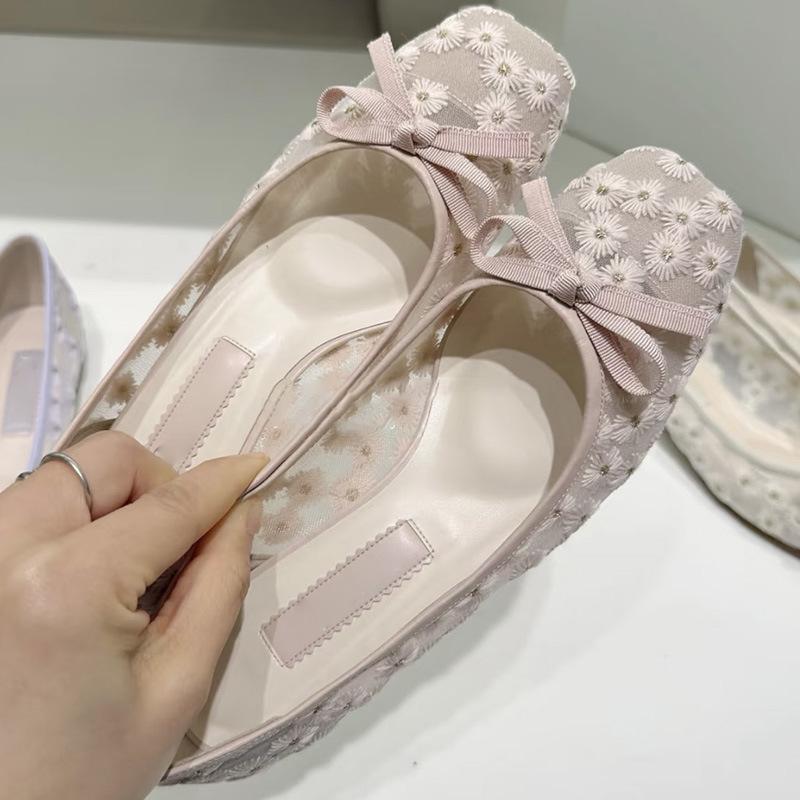 

Fashion Embroidery Flower Decoration Mesh Ballet Flats Women Cute Butterfly Knot Design Loafers Low Heel Comfortable Shoes for Women 39 розовый