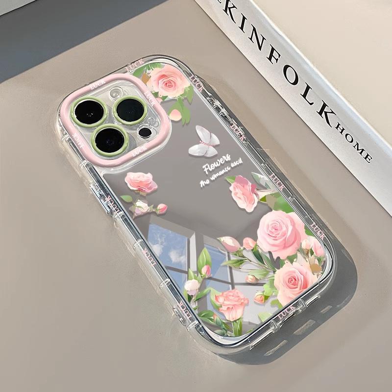 Pink Rose for IPhone17 Mirror Phone Case for Apple 15promax Small Fresh 14 Flower 13