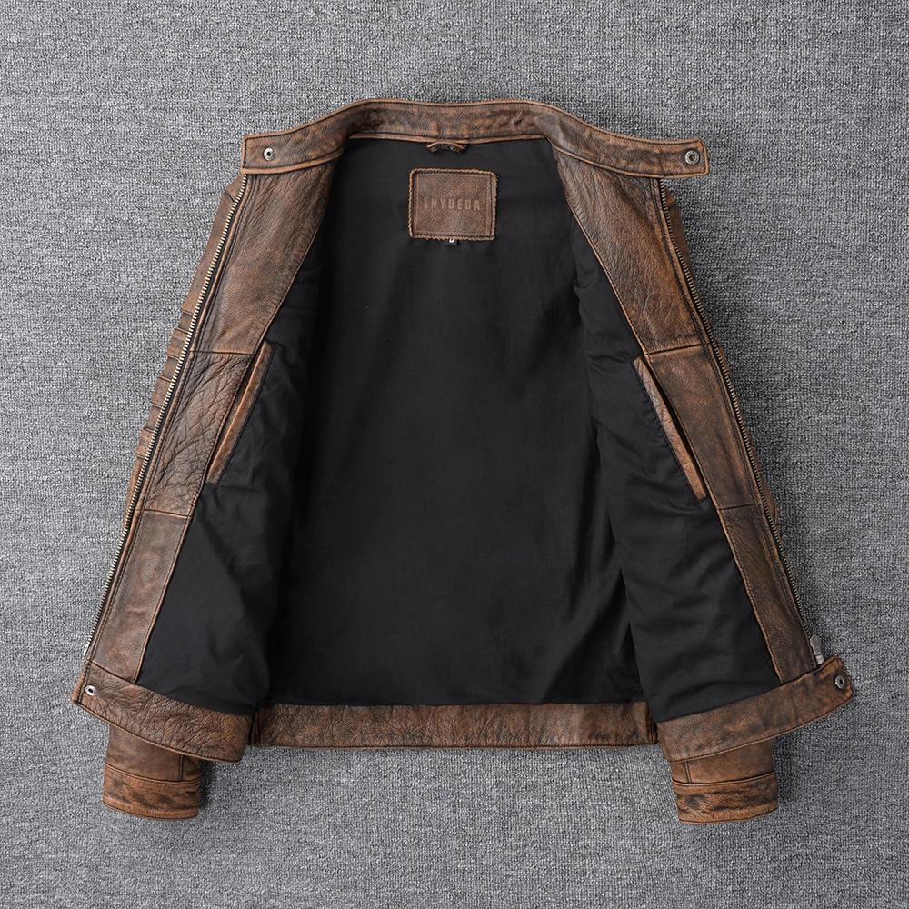 Vintage Yellow Brown Genuine Cowhide Leather Jacket Men Natural Cow Leather Jackets Soft Slim Fit Man Short Coat Autumn Clothing
