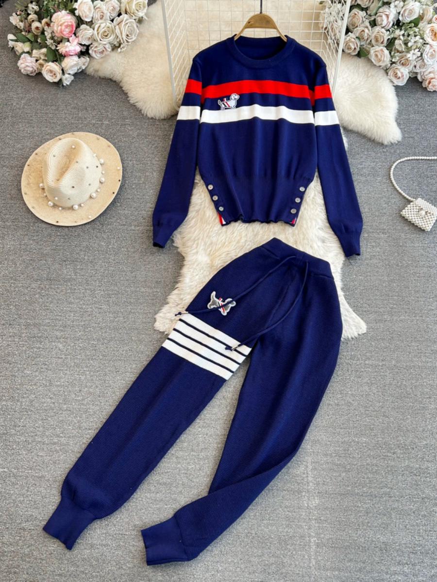 

Весенне-осенний женский вязаный свитер, полосатый спортивный костюм, модный пуловер с вышивкой собаки, топы и брюки до щиколотки, комплект из двух предметов One Size темно-синий