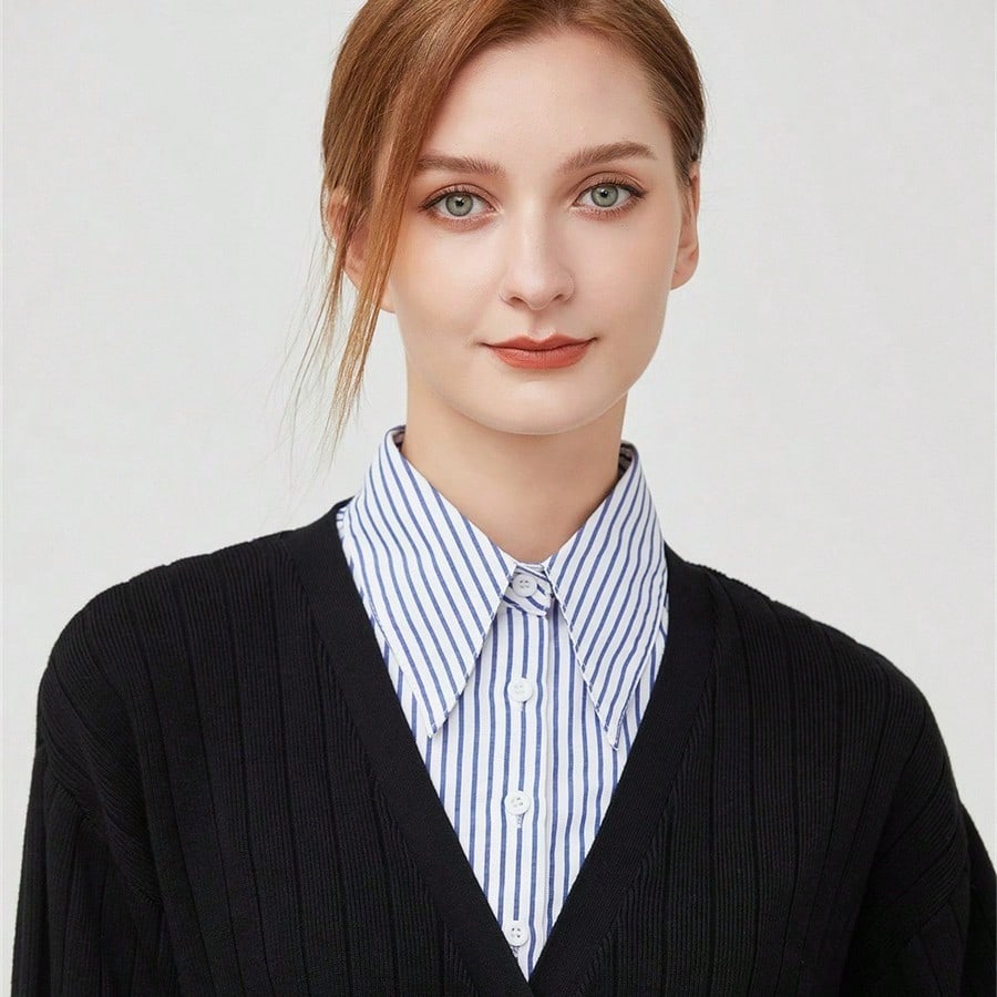 Pointed collar striped shirt fake collar, women's versatile decoration collars blue and white stripes sweater collar