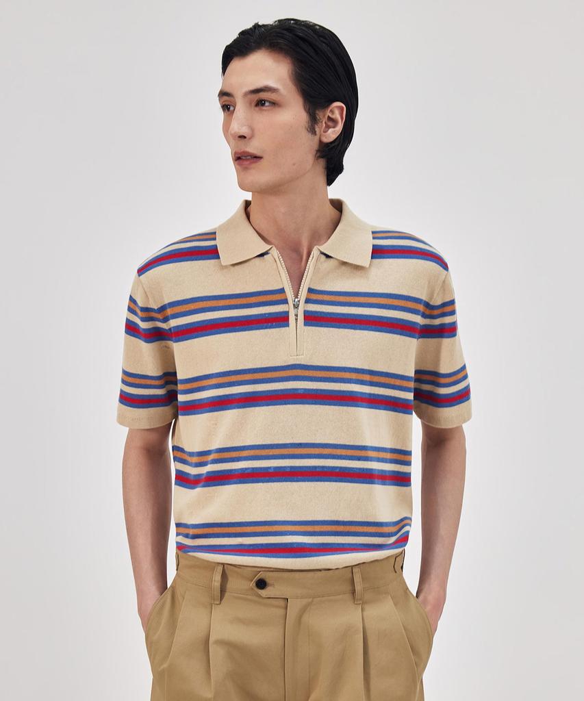 THEKNITCOMPANY Orea Stripe Zipper Polo Shirt - Peyote Beige