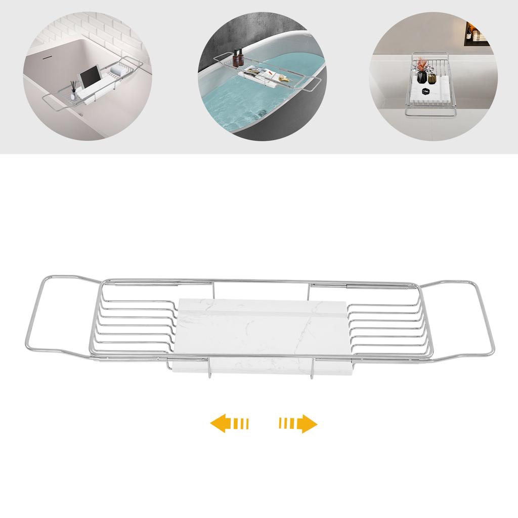 201 Stainless Steel 68-90CM Expandable Bathtub Tray,Silver+White Marble Rectangular Bathtub Tray,Bathtub Mount for Home