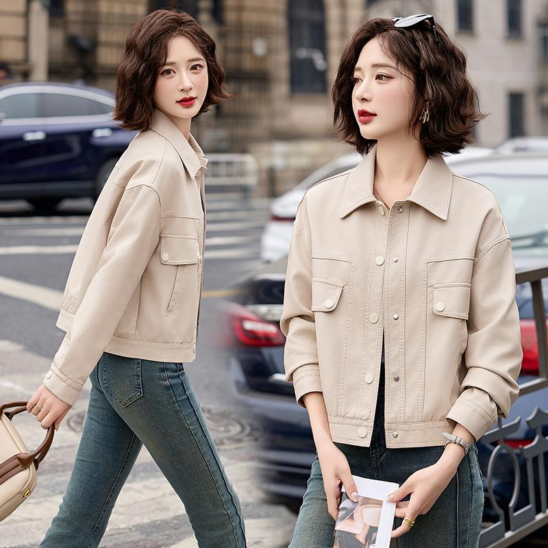 Short leather jacket women's spring and autumn new small temperament casual versatile lapel leather jacket