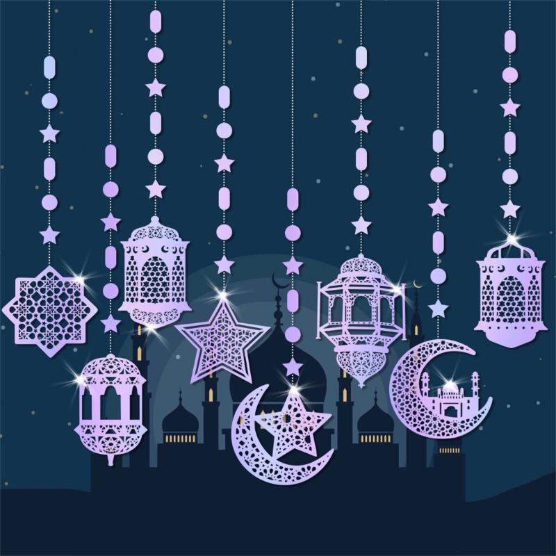 8Pieces Eid Holiday Hanging Decoration Ornaments Pendants for Home and Office Card Paper Hanging Pendant