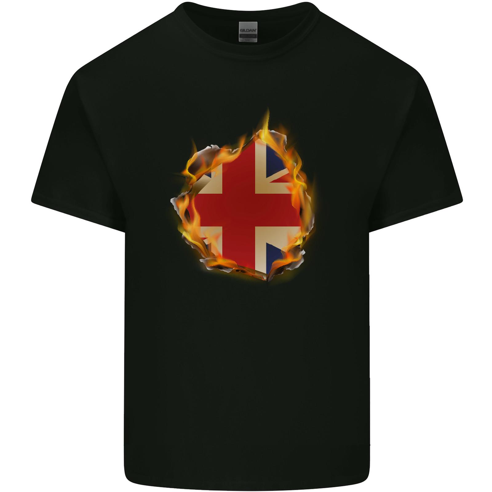 Union Jack Flag Fire Effect Great Britain Mens Light Cotton T-Shirt L