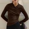 Atmosphere autumn and winter brown versatile bottoming shirt women's design sense European and American new pleated long-sleeved slim-fit top