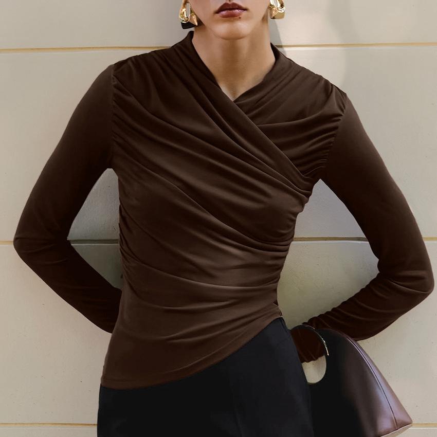 Atmosphere autumn and winter brown versatile bottoming shirt women's design sense European and American new pleated long-sleeved slim-fit top