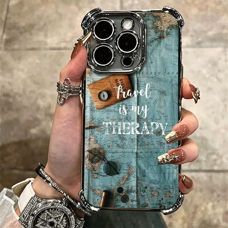 Travel Map Artistic Pattern Plating Phone Case For Iphone 16 17 Pro Max Air 16E 14 15 Plus 12 13 Mini Anti-Fall Airabag Cover