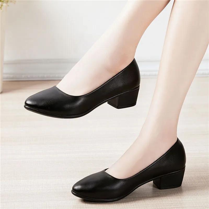 women fashion round toe black leather slip on daily elegant pumps lady casual comfort spring & summer shoes ba425