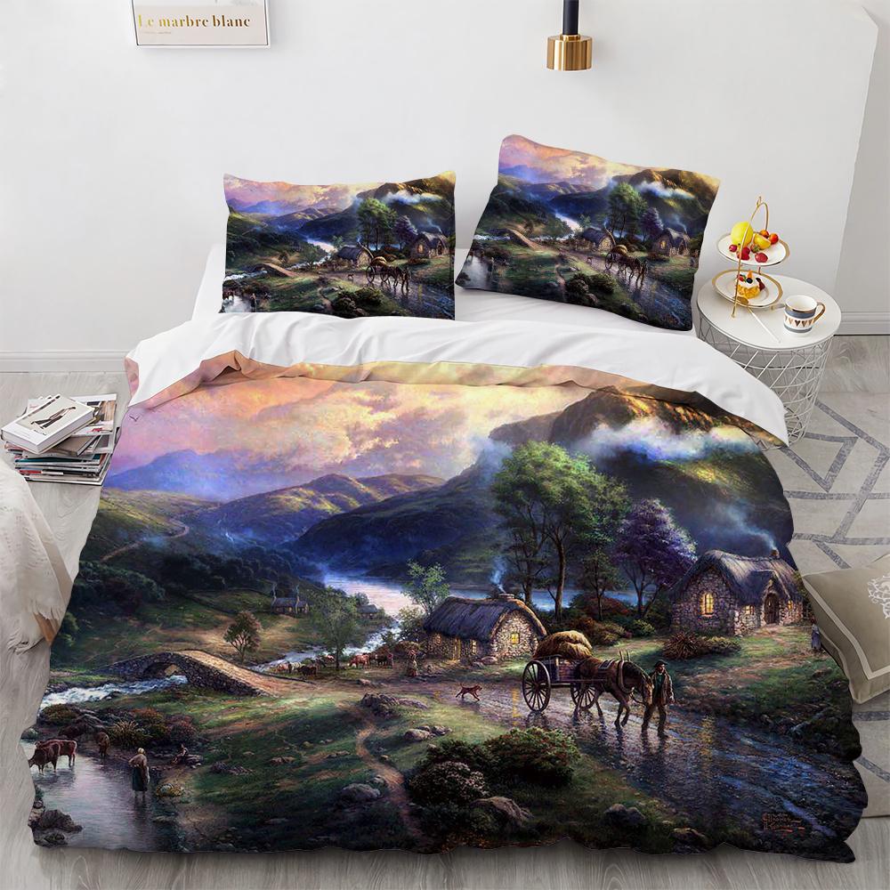 Painting Duvet Cover Set Beautiful Landscape Sun Lake Bridge Polyester Comforter Cover for Kid Boy Girl Artist Bedding Set King