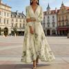 Women's Floral Print Pleated Maxi Dress V Neck Long Sleeve Wedding Guest Dress Spring Flowy Party Cocktail Dress