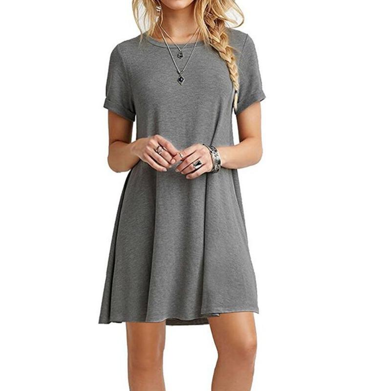 YYFS Women's Fashion Summer Spring Solid Color Print Short Sleeve O-Neck Loose Waistlinet Casual Dresses