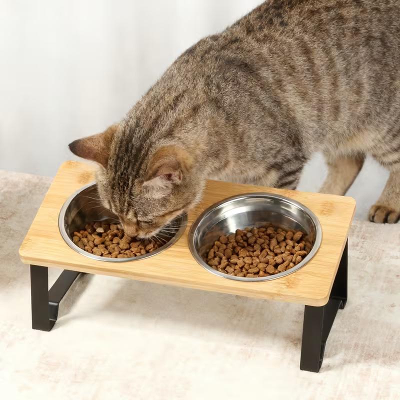 Cat Bowls Pet Feeder 15° Tilted Raised Cat Food Bowls with Wooden Stand 2 Stainless Steel Bowls for Cats