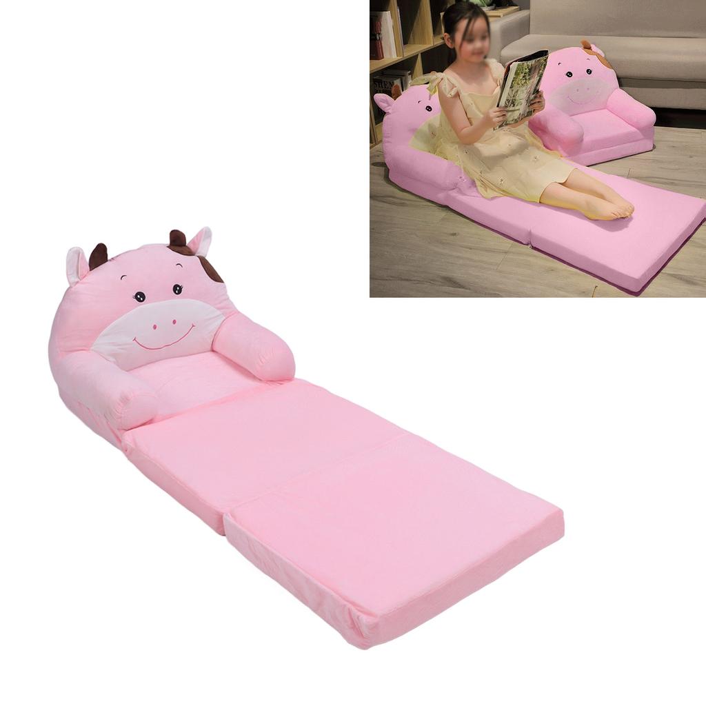 Foldable Kids Sofa Cute Cartoon Soft Comfortable Children Folding Couch Sofa Bed for Boys Girls Bedroom Pink Cow