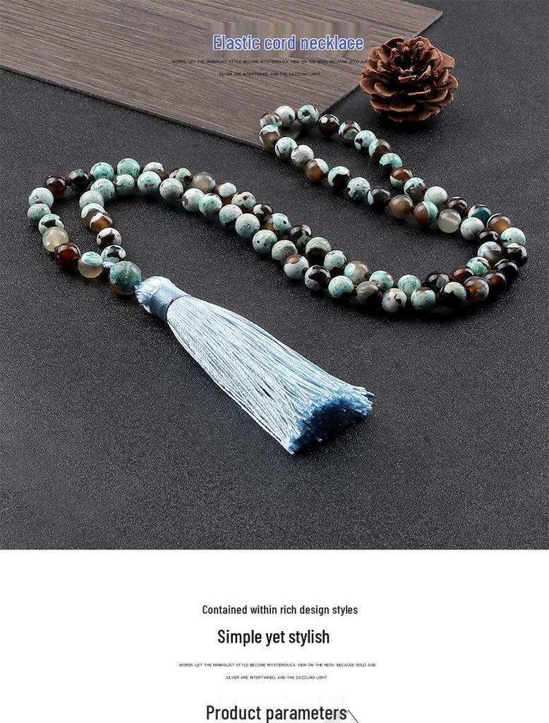 European 8mm Stone Bead Tassel Necklace and Multi-Strand Buddhist Bead Bracelet