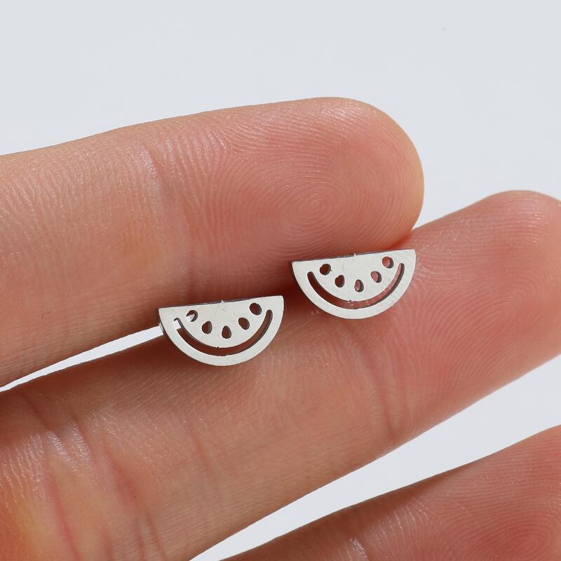 SMJEL Summer Cherry Earrings Ladies Stainless Steel Fruit Stud Earrings Small Watermelon Apple Pineapple Unique Zircon Gift Copper Clor