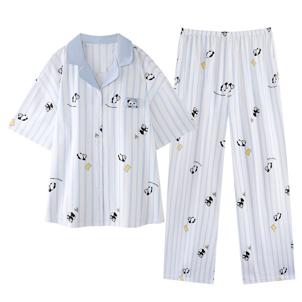 pure cotton pajamas women's summer short-sleeved trousers cartoon panda striped suit can be worn outside cotton loungewear in summer