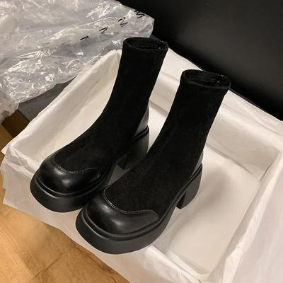 Fashion Women's Autumn Winter New Fashion Versatile Thick Sole High Heel Elastic Short Boots 2024 Female Round Head Retro Ankle Boots