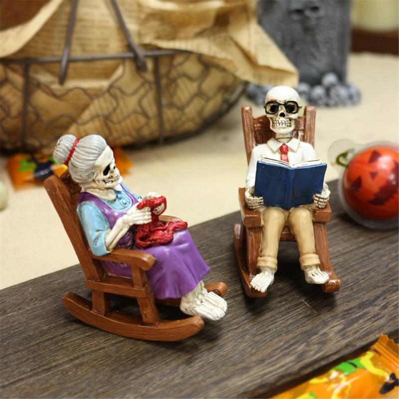 2 Piece Gothic Skeleton Couple Sitting In Rocking Chair With Book Figurine Sculpture Horror Home Decors Resins Ornaments