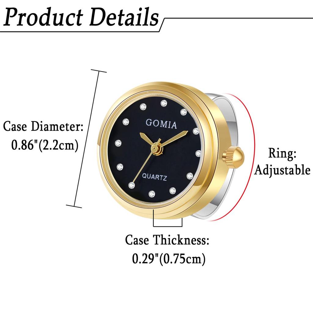 Ring Watch Women's Free Size 3ATM Waterproof Ring Watch Arabic Numerals Analog Cute Gold Black Women's Fashion Accessory Package includes Ring Watch