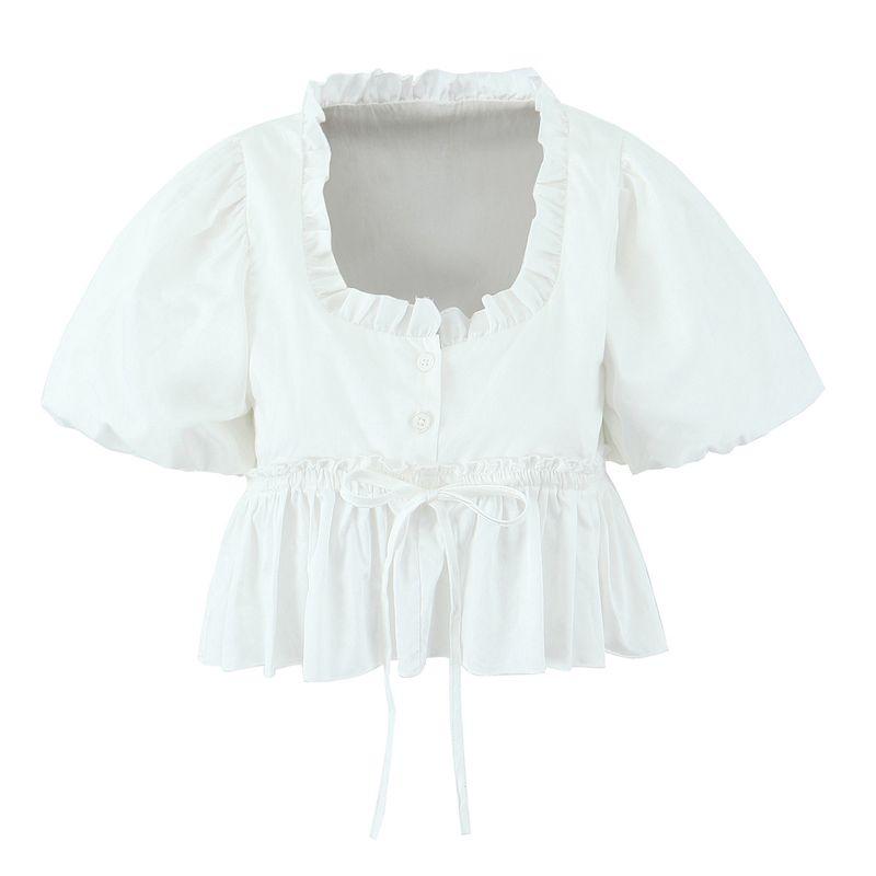 Za Summer New Arrival Women's Clothing Fashion Style Fashion Puff Sleeve Bows Wooden Ear Pleated Drawstring Small Top