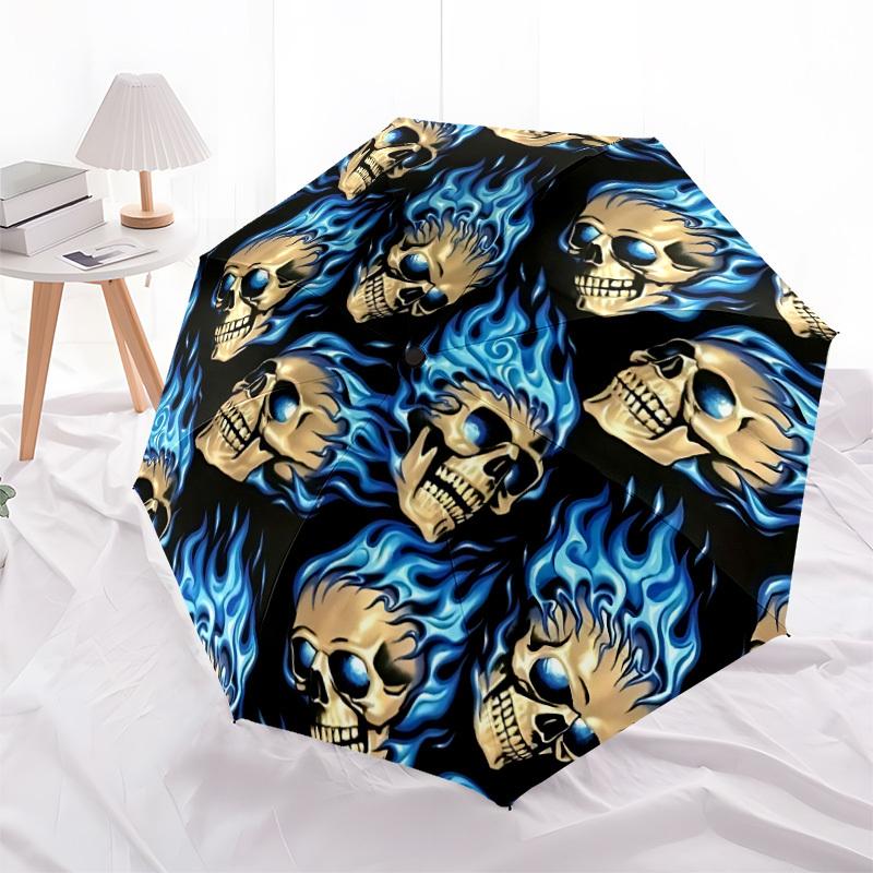 1pc Skulls Flames Automatic Folding Umbrella, Sturdy And Durable Automatic Folding Umbrella with 8 Ribs, Convenient for Outdoor Use063