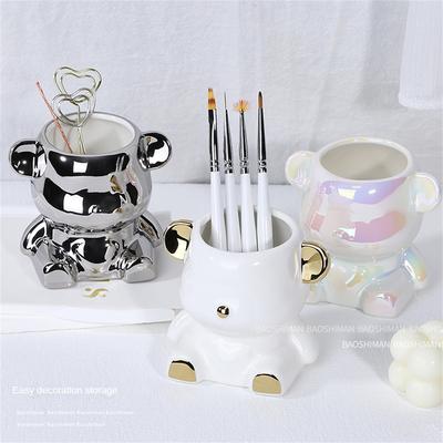 Desktop Organization Ceramics Multiple Uses Dustproof And Moistureproof Cute Bear Natural Colors Pen Holder Ceramic Storage Tube