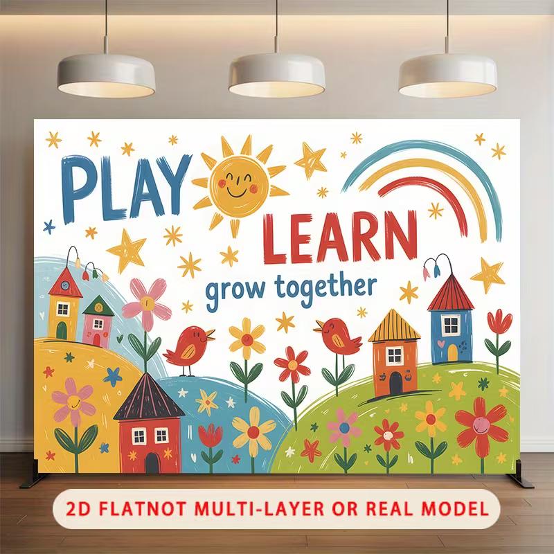 

2D Play Learn Grow Together Backdrop, Colorful Cartoon House & Sun Photography Background for Preschool 47.2x31.5inch/120*80cm