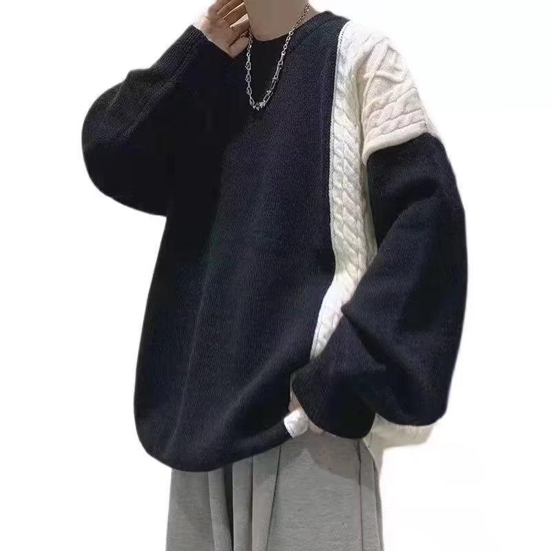 Long-sleeved Sweater Men's Crew Neck Autumn and Winter Trendy Brand Loose and Lazy Color Matching Twist Splicing Knitted Sweater Design Jacket