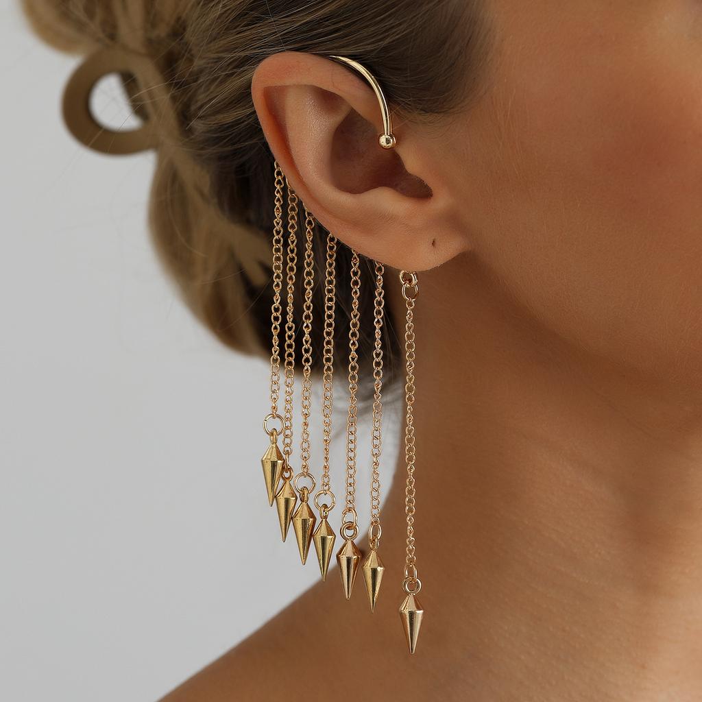 Metal Fringed Ear Hanging Without Ear Piercing Design, Sexy Spice Girl Style Exaggerated Cone Earrings