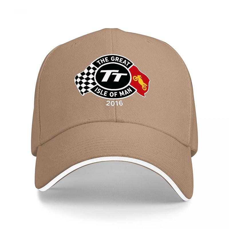 TT Isle of Unisex  Racing Logo Black Baseball Cap with Checkered Flag Design and White Trim for Motorsport Fans