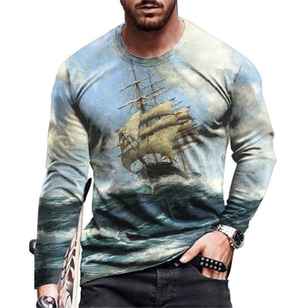 Huiteng Retro heren T-shirt met lange mouwen en 3D nautische zeilbootprint, stijlvolle streetstyle herfsttop 3XL