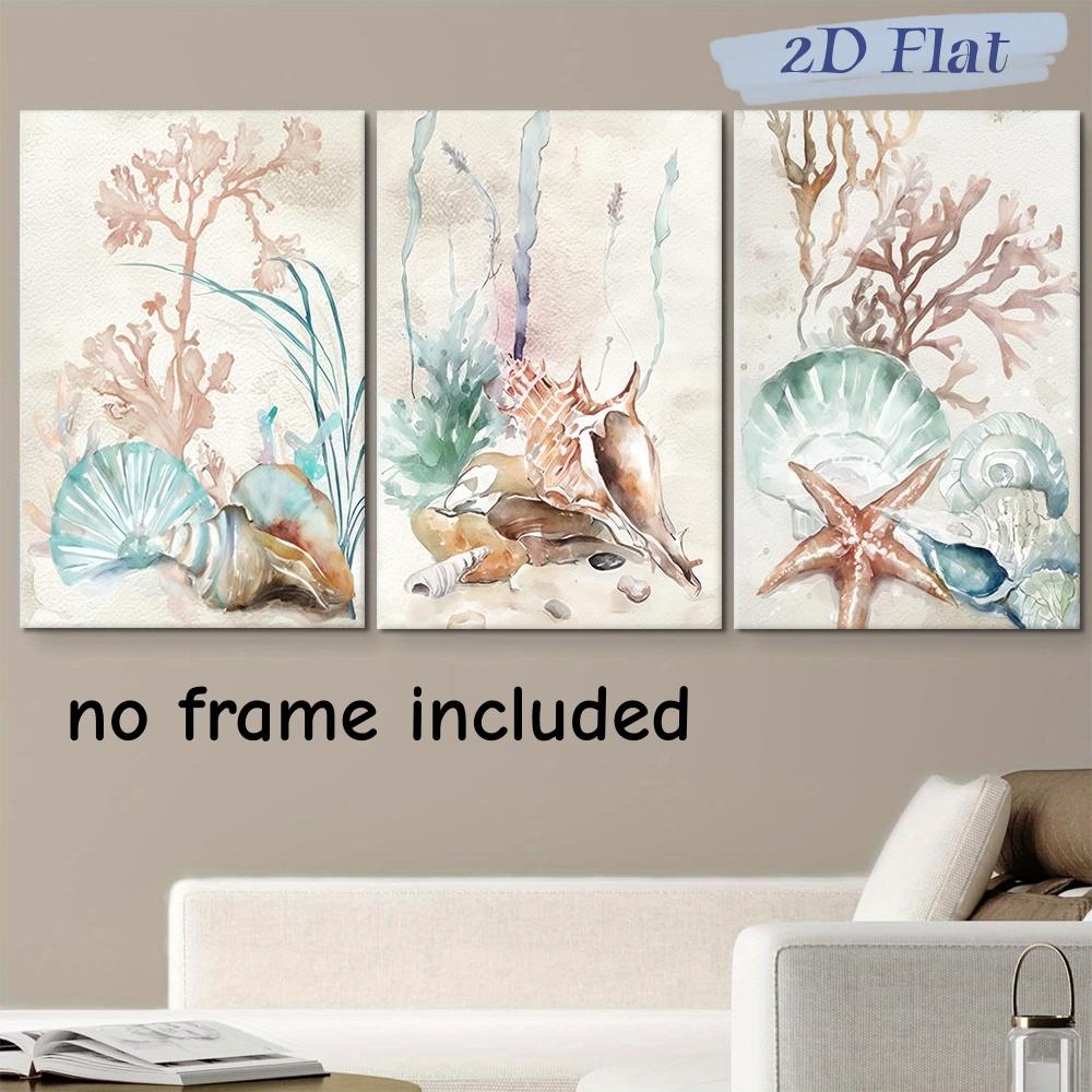 

3-piece set of Nordic style ocean themed frameless canvas decorative paintings, shell coral watercolor art hanging paintings, li (as the picture,20x30cm-3pcs)