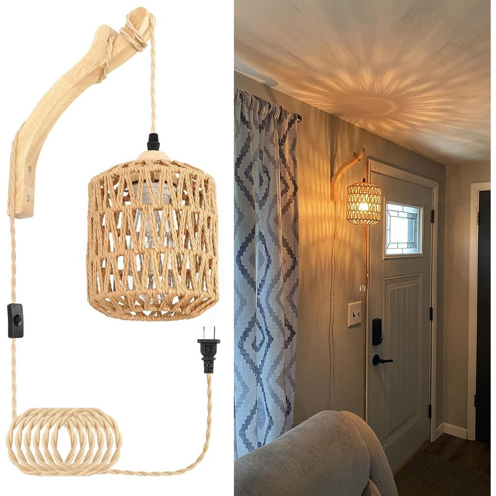 Plug In Wall Sconces Wicker Wall Lamp with Plug In Cord Hand Light Farmhouse Rustic Wall Sconces Boho Sconces Wall Lighting for Living Room Bedroom